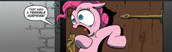 Size: 945x288 | Tagged: safe, idw, pinkie pie, earth pony, pony, exploitable meme, meme, reaction image, surprise door