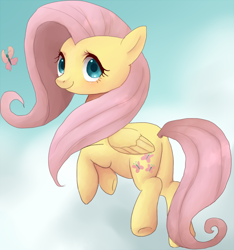 Size: 600x642 | Tagged: safe, artist:faeriebottle, fluttershy, butterfly, pegasus, pony, cloud, cute, folded wings, looking at you, looking back, shyabetes, solo