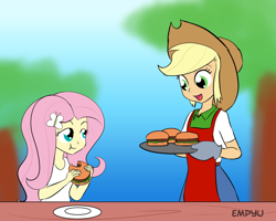 Size: 1000x800 | Tagged: safe, artist:empyu, applejack, fluttershy, equestria girls, 30 minute art challenge, burger, eating, food, hamburger