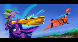 Size: 1482x803 | Tagged: safe, artist:zeeclaw, derpibooru import, spike, twilight sparkle, twilight sparkle (alicorn), alicorn, dragon, pony, female, mare, spaceship