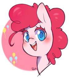 Size: 543x606 | Tagged: safe, artist:paichitaron, pinkie pie, earth pony, pony, balloon, blushing, bust, looking at you, open mouth, portrait, smiling, solo