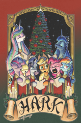 Size: 1186x1800 | Tagged: safe, artist:andypriceart, derpibooru exclusive, derpibooru import, edit, idw, applejack, fluttershy, pinkie pie, princess celestia, princess luna, rainbow dash, rarity, twilight sparkle, twilight sparkle (alicorn), alicorn, earth pony, pegasus, pony, unicorn, spoiler:comic, spoiler:comicholiday2019, candle, christmas, christmas tree, cover, eyeroll, eyes closed, eyeshadow, hark, holiday, hoof hold, makeup, mane six, open mouth, ornament, scroll, tree