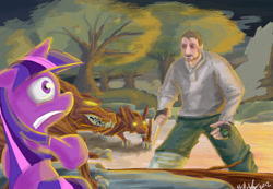 Size: 1600x1106 | Tagged: safe, artist:zeeclaw, derpibooru import, twilight sparkle, human, timber wolf, knife, liam neeson, the grey