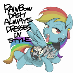 Size: 1250x1250 | Tagged: safe, artist:baigak, derpibooru import, rainbow dash, pegasus, pony, backwards cutie mark, blackletter, ear piercing, earring, female, jewelry, mare, open mouth, piercing, simple background, solo, tattoo, tongue out, white background