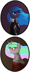 Size: 1500x3600 | Tagged: safe, artist:aaronmk, princess celestia, princess luna, alicorn, pony, a royal problem, armor, bust, female, mare, portrait, robes, royal sisters