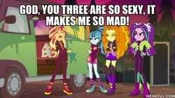 Size: 600x337 | Tagged: safe, edit, edited screencap, screencap, adagio dazzle, aria blaze, sonata dusk, sunset shimmer, better together, equestria girls, sunset's backstage pass!, caption, female, image macro, meme, text, the dazzlings, trio, trio female