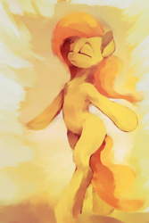 Size: 2176x3264 | Tagged: safe, artist:ruby, fluttershy, pegasus, pony, bipedal, eyes closed, looking up, missing cutie mark, solo, wingless