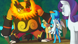 Size: 2650x1500 | Tagged: safe, artist:crispokefan, applejack, rarity, earth pony, pony, unicorn, crossover, emboar, kirlia, pokémon, shiny pokémon