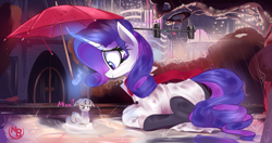 Size: 4181x2214 | Tagged: safe, artist:nevobaster, derpibooru import, rarity, cat, pony, unicorn, city, clothes, cute, daaaaaaaaaaaw, female, generosity, hnnng, levitation, magic, magic aura, mare, meow, night, pantyhose, rain, raribetes, scarf, telekinesis, umbrella