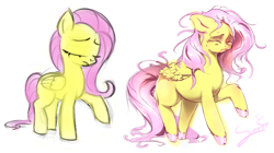 Size: 1024x573 | Tagged: safe, artist:sverre93, fluttershy, pegasus, pony, before and after, cloven hooves, comparison, crying, draw this again, eyes closed, fluffy, messy mane, raised hoof, sad, simple background, solo, white background