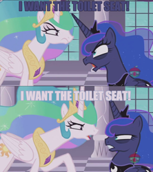 Size: 1280x1440 | Tagged: safe, edit, edited screencap, screencap, princess celestia, princess luna, alicorn, pony, a royal problem, bags under eyes, female, image macro, mare, meme, screencap comic, toilet seat, two stupid dogs