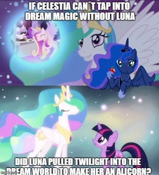 Size: 500x550 | Tagged: safe, edit, edited screencap, screencap, princess celestia, princess luna, twilight sparkle, unicorn twilight, alicorn, pony, unicorn, a royal problem, magical mystery cure, dream walker celestia, engrish, female, mare