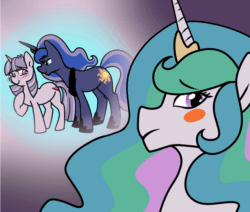 Size: 1302x1105 | Tagged: safe, artist:/d/non, miss hackney, princess celestia, princess luna, alicorn, pony, a royal problem, animated, blushing, dream, eyebrow wiggle, female, gif, glasses, hacklestia, lesbian, mare, shipping