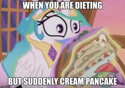 Size: 704x499 | Tagged: safe, edit, edited screencap, screencap, princess celestia, alicorn, pony, a royal problem, caption, computer, content-aware scale, faic, food, image macro, meme, pancakes, solo, wide eyes