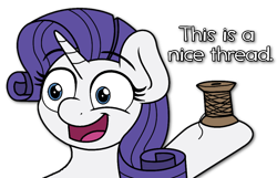 Size: 972x625 | Tagged: safe, artist:ljdamz1119, rarity, pony, unicorn, bust, dialogue, portrait, pun, simple background, smiling, solo, thread, transparent background, visual pun