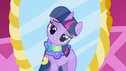 Size: 1122x639 | Tagged: safe, derpibooru import, screencap, twilight sparkle, the ticket master, looking at you, mirror, saddle, solo, tack