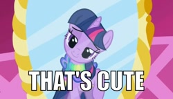 Size: 500x285 | Tagged: safe, derpibooru import, edit, edited screencap, screencap, twilight sparkle, the ticket master, image macro, looking at you, meme, mirror, saddle, solo, tack