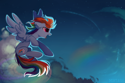 Size: 2449x1632 | Tagged: safe, artist:mirtash, derpibooru import, rainbow dash, pegasus, pony, cloud, cute, dashabetes, ear fluff, female, flying, mare, night, open mouth, profile, rcf community, sky, solo, spread wings, stars, upside down cutie mark, wings