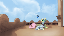 Size: 2870x1614 | Tagged: safe, artist:aaronmk, fluttershy, butterfly, pegasus, pony, bindi, clothes, flutternun, jain, looking up, nun, religion, sky, solo