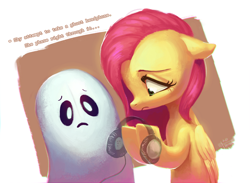 Size: 1940x1421 | Tagged: safe, artist:erudier, fluttershy, ghost, crossover, duo, engrish, folded wings, headphones, holding, napstablook, text, undertale