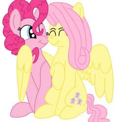Size: 565x600 | Tagged: safe, artist:squipycheetah, fluttershy, pinkie pie, earth pony, pegasus, pony, eyes closed, female, flutterpie, hug, lesbian, one eye closed, shipping, simple background, sitting, smiling, spread wings, white background, winghug