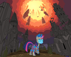 Size: 12800x10240 | Tagged: safe, artist:azure-vortex, derpibooru import, twilight sparkle, .svg available, absurd resolution, allods online, armor, frown, looking at you, looking back, magic, ruins, sky, solo, vector, wide eyes