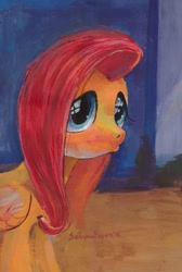 Size: 689x1024 | Tagged: safe, artist:satynapaper, fluttershy, pegasus, pony, filli vanilli, duckface, eye shimmer, folded wings, looking at you, pouting, scene interpretation, solo, standing, traditional art