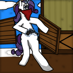 Size: 1000x1000 | Tagged: safe, artist:masterkaiser, rarity, pony, unicorn, bandana, bandit, door, effects, female, gun, gunslinger, handgun, mare, old, revolver, robbery, saloon, saloon door, weapon, western