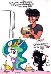 Size: 1120x1610 | Tagged: safe, artist:newyorkx3, princess celestia, oc, oc:tommy, oc:tommy junior, human, pony, eating, food, pancakes, traditional art