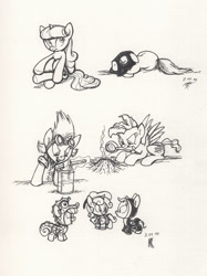Size: 900x1203 | Tagged: safe, artist:carnifex, apple bloom, scootaloo, sweetie belle, oc, oc:strap, oc:velvet, costume, cutie mark crusaders, elements of discord, monochrome, traditional art