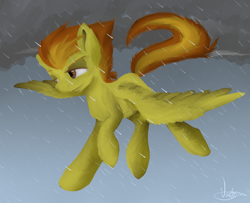 Size: 1024x832 | Tagged: safe, artist:violyre, derpibooru import, spitfire, flying, rain, solo