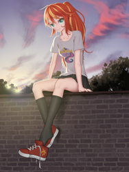 Size: 2560x3413 | Tagged: safe, artist:amarthgul, sunset shimmer, twilight sparkle, human, anime, beautiful, big crown thingy, brick wall, clothes, element of magic, female, high res, humanized, jewelry, legs, long socks, miniskirt, pleated skirt, ponytail, regalia, schrödinger's pantsu, shoes, sitting, skirt, smiling, sneakers, socks, solo, tree