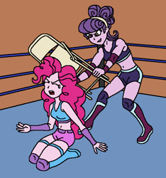 Size: 701x748 | Tagged: safe, artist:avispaneitor, pinkie pie, suri polomare, equestria girls, belly button, clothes, equestria girls wrestling series, midriff, sports bra, steel chair, this will end in tears and/or death, wrestling, wrestling ring