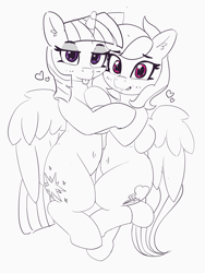 Size: 3001x3989 | Tagged: safe, artist:pabbley, derpibooru import, rainbow dash, twilight sparkle, twilight sparkle (alicorn), alicorn, pegasus, pony, :p, bedroom eyes, belly button, blushing, female, heart, hug, lesbian, looking at you, mare, monochrome, neo noir, partial color, shipping, snuggling, tongue out, twidash