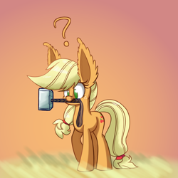 Size: 1000x1000 | Tagged: safe, artist:heir-of-rick, applejack, earth pony, pony, daily apple pony, ear fluff, frown, hatless, impossibly large ears, missing accessory, mjölnir, mouth hold, question mark, raised eyebrow, solo, thor