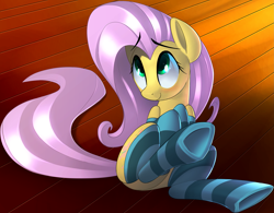 Size: 2521x1970 | Tagged: safe, artist:january3rd, fluttershy, pegasus, pony, blushing, clothes, cute, female, looking up, mare, on side, shyabetes, smiling, socks, solo, striped socks, underhoof, wooden floor