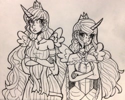 Size: 2448x1955 | Tagged: safe, artist:mylittleyuri, princess celestia, princess luna, human, a royal problem, horned humanization, humanized, lineart, monochrome, sisters, traditional art