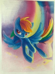 Size: 518x690 | Tagged: safe, artist:lyeeeer, derpibooru import, rainbow dash, pegasus, pony, flying, solo, traditional art