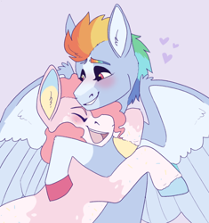 Size: 500x532 | Tagged: safe, artist:horsepowerred, derpibooru import, pinkie pie, rainbow dash, earth pony, pegasus, pony, alternate hairstyle, blushing, coat markings, colored ears, colored hooves, eyes closed, female, heart, hug, lesbian, mare, open mouth, piebald colouring, pinkiedash, redesign, request, shipping, sidemouth, simple background, smiling, socks (coat marking), spread wings, wings