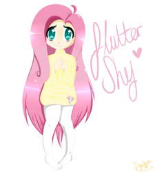 Size: 4500x5000 | Tagged: safe, artist:amberony, fluttershy, human, absurd resolution, blushing, clothes, cute, humanized, looking at you, name, shyabetes, simple background, socks, solo, standing, sweater, sweatershy, white background