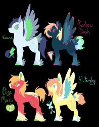 Size: 1100x1400 | Tagged: safe, artist:lepiswerid, derpibooru import, big macintosh, fluttershy, rainbow dash, soarin', earth pony, pegasus, pony, alternate cutie mark, alternate design, black background, coat markings, colored hooves, colored wings, colored wingtips, cutie mark, feathered fetlocks, female, fluttermac, male, mare, marsverse, multicolored wings, redesign, shipping, simple background, soarindash, stallion, straight, tail feathers, unshorn fetlocks, wings