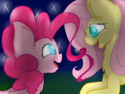 Size: 1024x768 | Tagged: safe, artist:jaidyn-fangtrap, fluttershy, pinkie pie, earth pony, pegasus, pony, eye contact, female, flutterpie, lesbian, night, profile, shipping