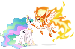 Size: 2799x1839 | Tagged: safe, artist:punzil504, daybreaker, princess celestia, alicorn, pony, a royal problem, duality, female, floating, mane of fire, mare, persuasion, simple background, swapped cutie marks, transparent background, vector