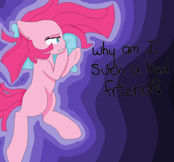 Size: 1024x953 | Tagged: safe, artist:jaidyn-fangtrap, pinkie pie, earth pony, pony, crying, pillow, pinkamena diane pie, solo