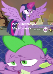 Size: 427x600 | Tagged: safe, derpibooru import, spike, twilight sparkle, twilight sparkle (alicorn), alicorn, dragon, pony, female, golden oaks library, mare, meme, psychic spike, who destroyed twilight's home