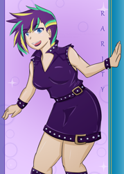 Size: 750x1050 | Tagged: safe, artist:saikyohibiki, rarity, human, alternate hairstyle, female, humanized, punk, raripunk, smiling, solo, spiked wristband, wristband