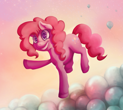 Size: 1947x1736 | Tagged: safe, artist:miss-cats, pinkie pie, earth pony, pony, balloon, cheshire grin, grin, raised hoof, solo