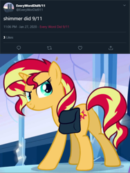 Size: 540x720 | Tagged: safe, edit, edited screencap, editor:countcoltnackh, screencap, sunset shimmer, pony, unicorn, equestria girls, equestria girls (movie), 9/11, cropped, exploitable meme, meme, meta, solo, twitter