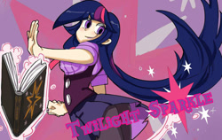 Size: 1136x720 | Tagged: safe, artist:daikoku, derpibooru import, twilight sparkle, human, book, clothes, humanized, manegirls, parody, pixiv, skirt, skullgirls, solo, stockings, underbust, upskirt