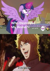 Size: 427x601 | Tagged: safe, derpibooru import, twilight sparkle, twilight sparkle (alicorn), alicorn, pony, dio brando, exploitable meme, female, hub logo, jojo's bizarre adventure, mare, meme, who destroyed twilight's home